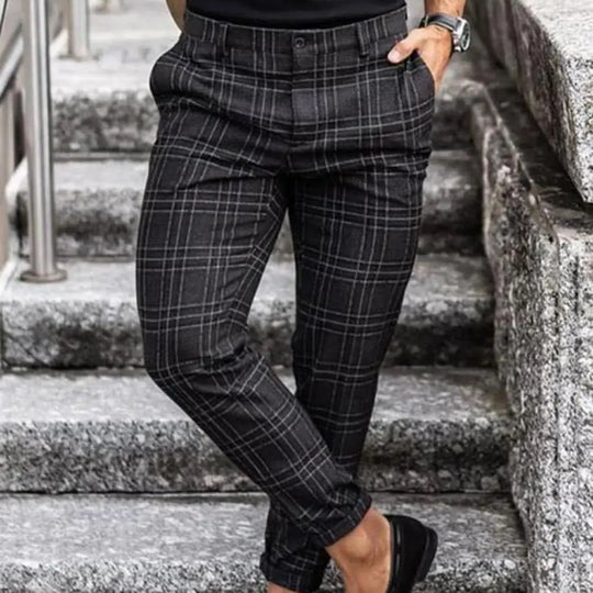 Męskie spodnie chinos slim fit – eleganckie spodnie w kratę, casualowe z bawełny