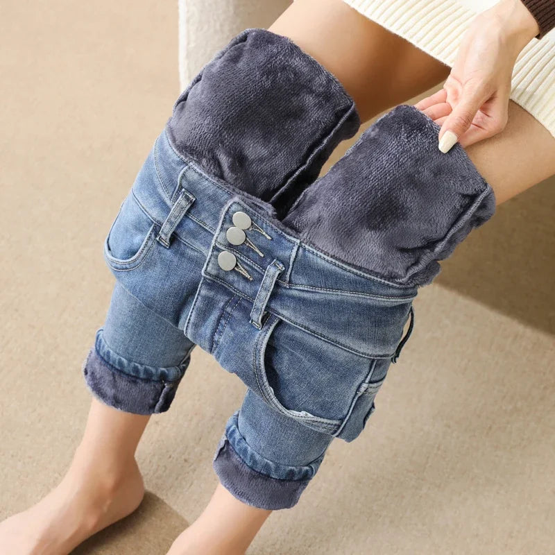 Ocieplane jeansy damskie Slim Fit z wysokim stanem