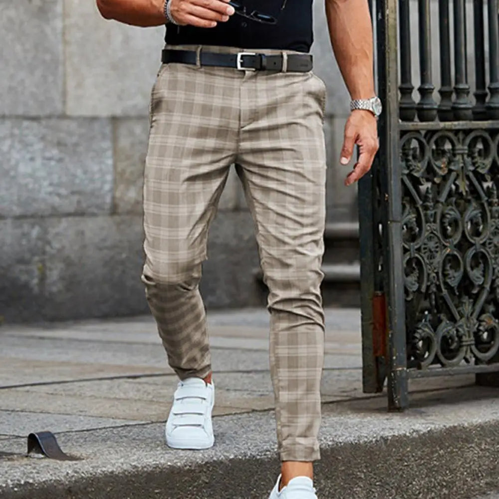 Męskie spodnie chinos slim fit – eleganckie spodnie w kratę, casualowe z bawełny