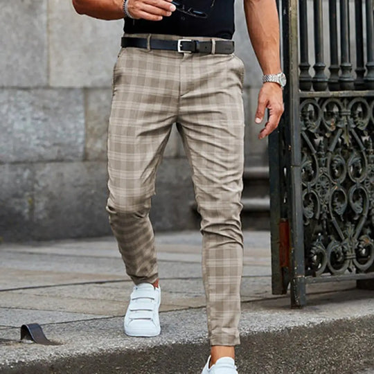 Męskie spodnie chinos slim fit – eleganckie spodnie w kratę, casualowe z bawełny