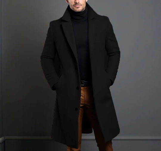 Męski płaszcz wełniany elegancki – długi płaszcz zimowy casual smart casual na guziki