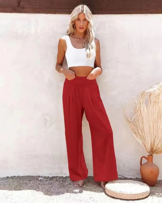 Damskie spodnie szerokie – wysoki stan, lekki materiał, styl na lato