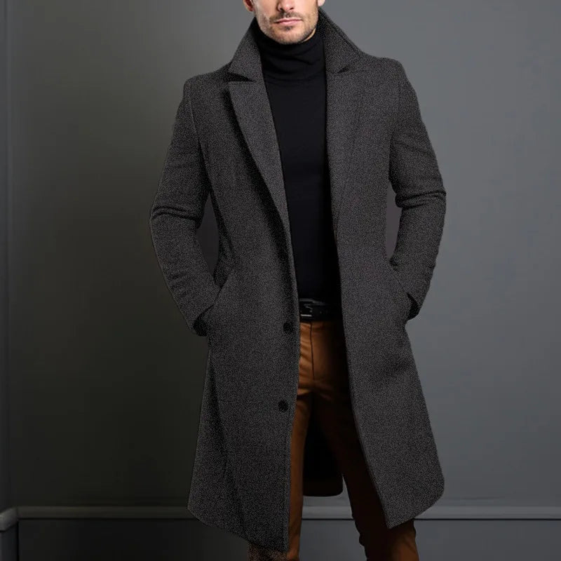 Męski płaszcz wełniany elegancki – długi płaszcz zimowy casual smart casual na guziki