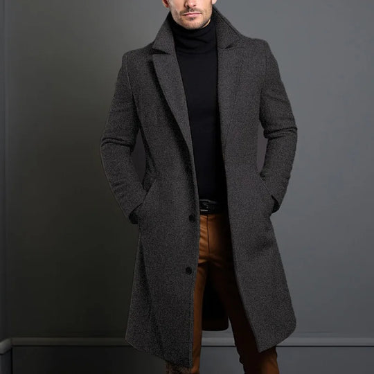 Męski płaszcz wełniany elegancki – długi płaszcz zimowy casual smart casual na guziki