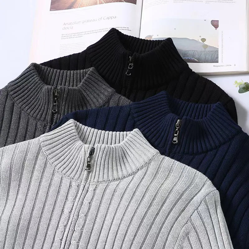 Męski sweter prążkowany z zamkiem – elegancki golf casualowy