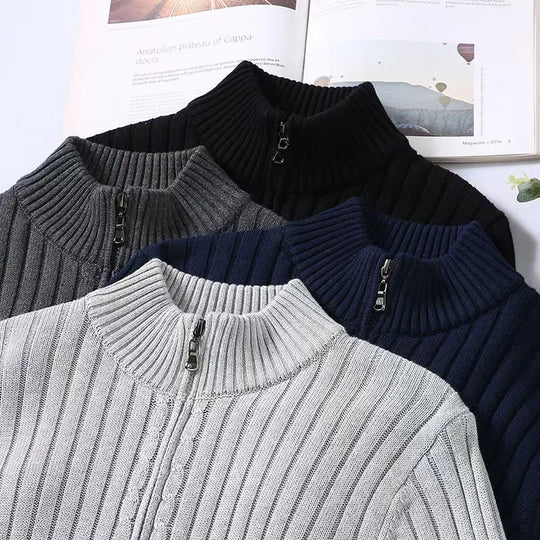Męski sweter prążkowany z zamkiem – elegancki golf casualowy