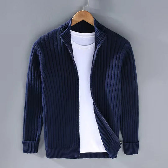 Męski sweter prążkowany z zamkiem – elegancki golf casualowy