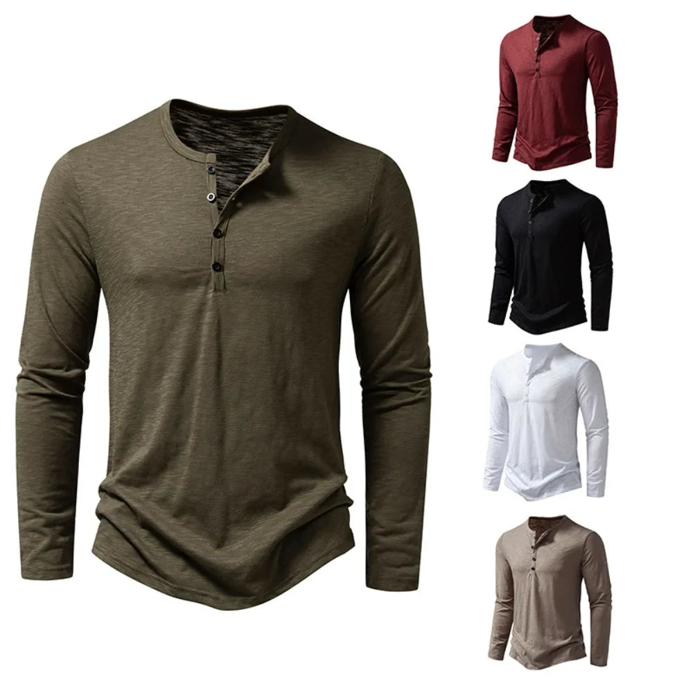 Męska koszulka longsleeve z guzikami – bawełniana, dopasowany krój, casual
