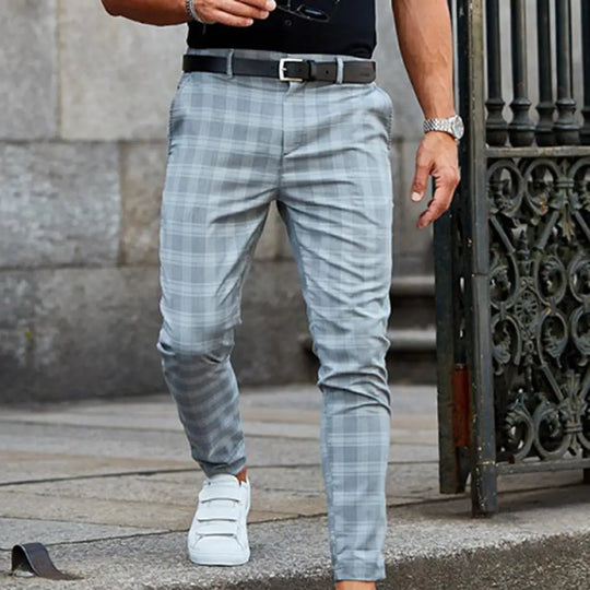 Męskie spodnie chinos slim fit – eleganckie spodnie w kratę, casualowe z bawełny