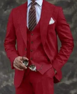 Męski garnitur 3-częściowy elegancki – marynarka, kamizelka, spodnie, slim fit