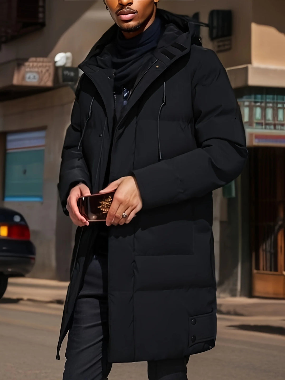 Męska kurtka zimowa pikowana z kapturem – długa, ocieplana kurtka na zimę i codzienne stylizacje