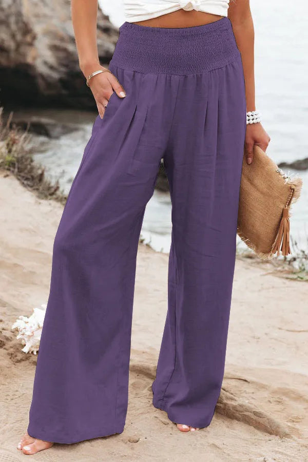 Damskie spodnie szerokie – wysoki stan, lekki materiał, styl na lato