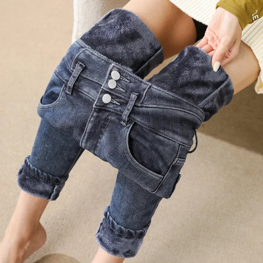 Ocieplane jeansy damskie Slim Fit z wysokim stanem