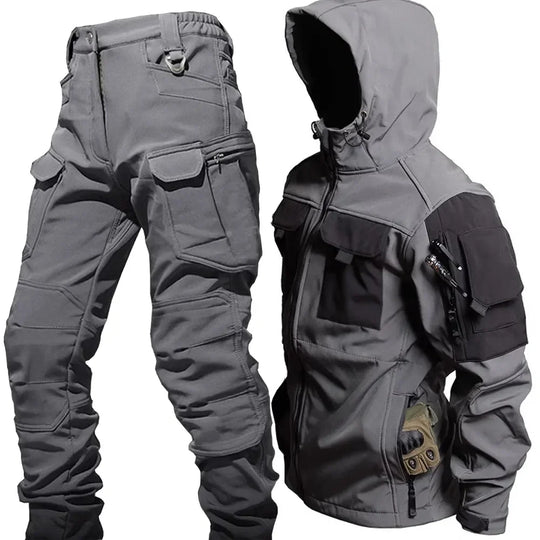 Męski komplet outdoorowy softshell – kurtka z kapturem i spodnie cargo trekkingowe taktyczne
