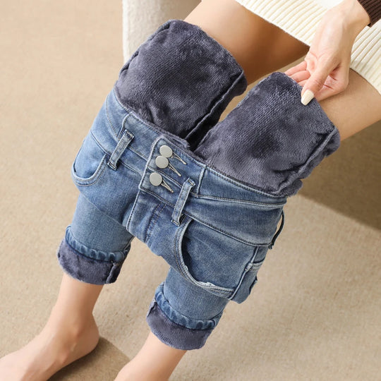 Ocieplane jeansy damskie Slim Fit z wysokim stanem