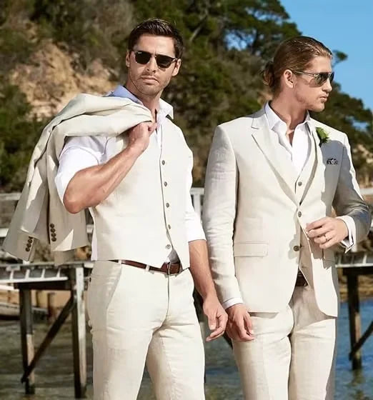 Męski garnitur lniany 3-częściowy – marynarka, kamizelka i spodnie slim fit elegancki zestaw