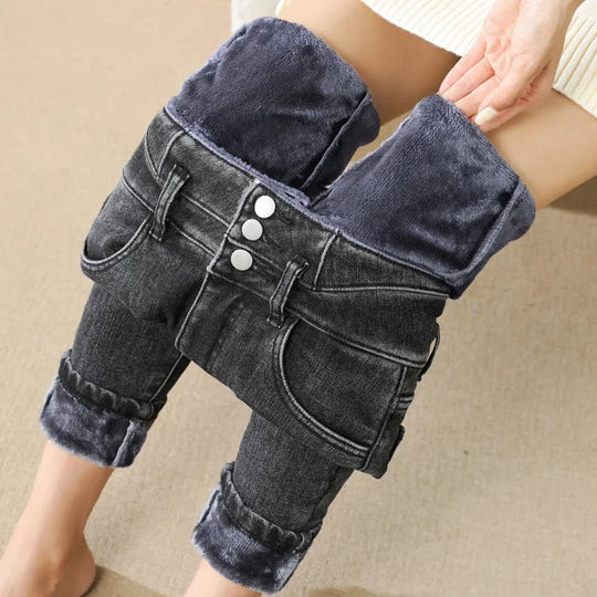 Ocieplane jeansy damskie Slim Fit z wysokim stanem