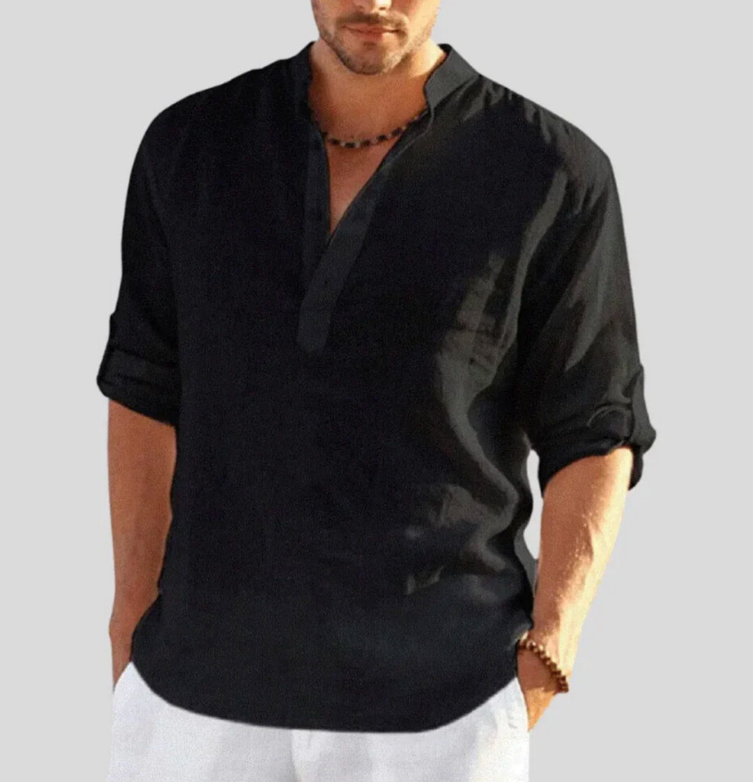 Męska koszula lniana casual ze stójką – lekka, przewiewna koszula na co dzień i lato
