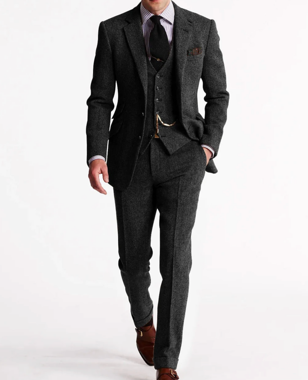 Męski garnitur 3-częściowy slim fit – elegancki komplet biznesowy z marynarką, kamizelką i spodniami