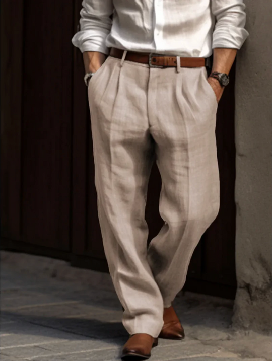 Męskie spodnie lniano-bawełniane eleganckie – spodnie z zakładkami casual smart outfit