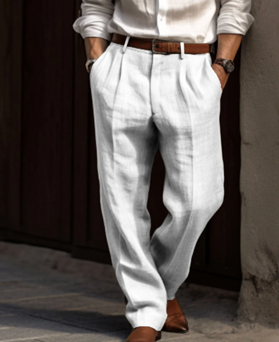 Męskie spodnie lniano-bawełniane eleganckie – spodnie z zakładkami casual smart outfit