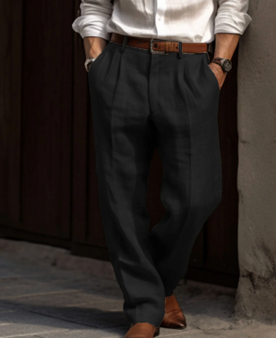 Męskie spodnie lniano-bawełniane eleganckie – spodnie z zakładkami casual smart outfit
