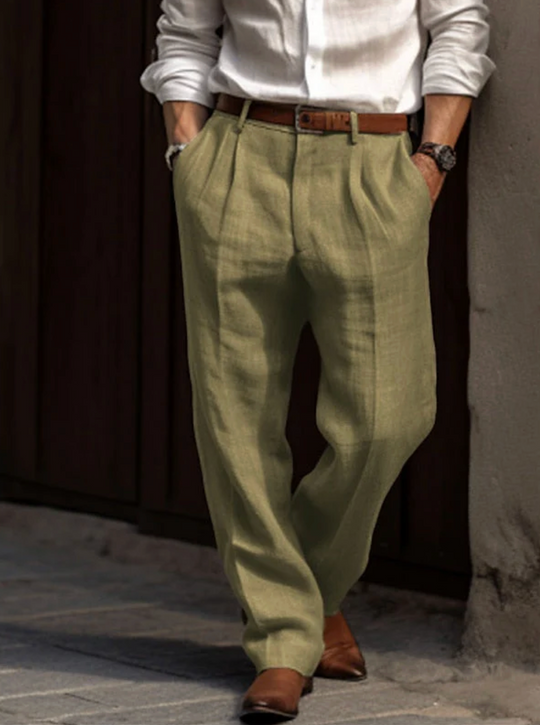 Męskie spodnie lniano-bawełniane eleganckie – spodnie z zakładkami casual smart outfit