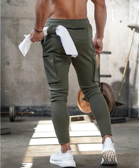Męskie spodnie sportowe slim fit – elastyczne spodnie treningowe z kieszeniami i zamkami