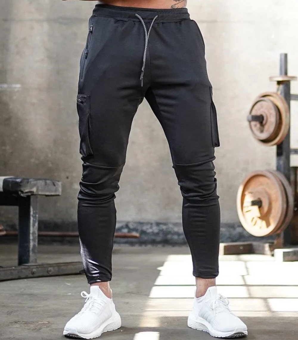 Męskie spodnie sportowe slim fit – elastyczne spodnie treningowe z kieszeniami i zamkami