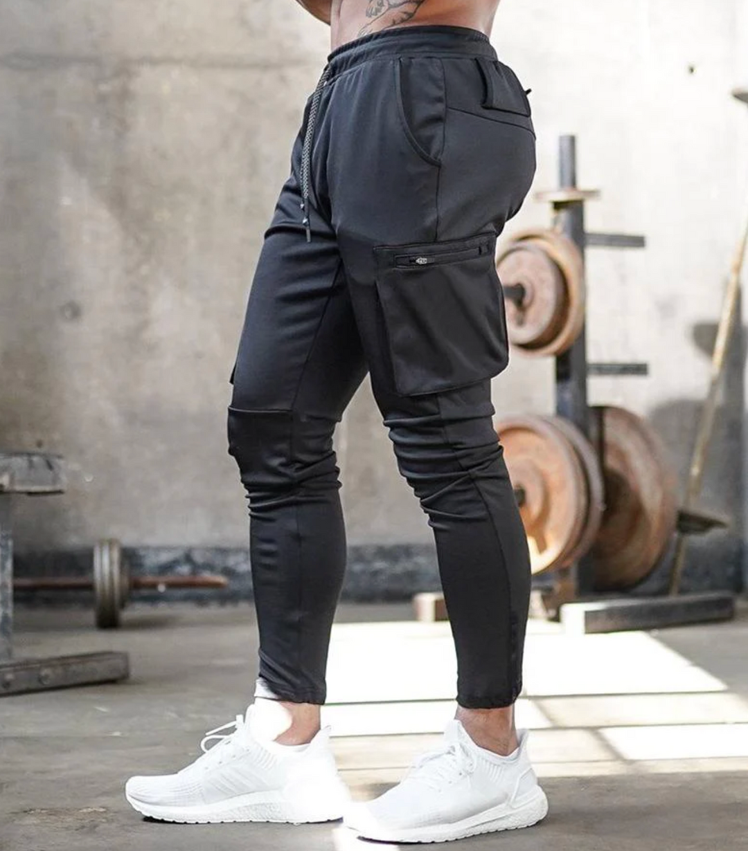 Męskie spodnie sportowe slim fit – elastyczne spodnie treningowe z kieszeniami i zamkami