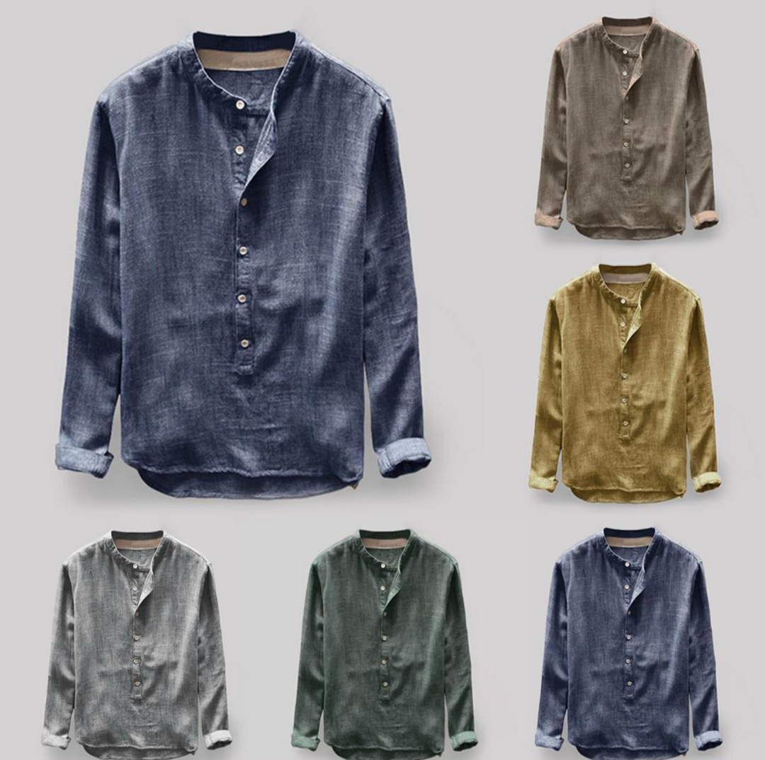 Męska koszula lniana ze stójką – elegancka koszula casual z długim rękawem
