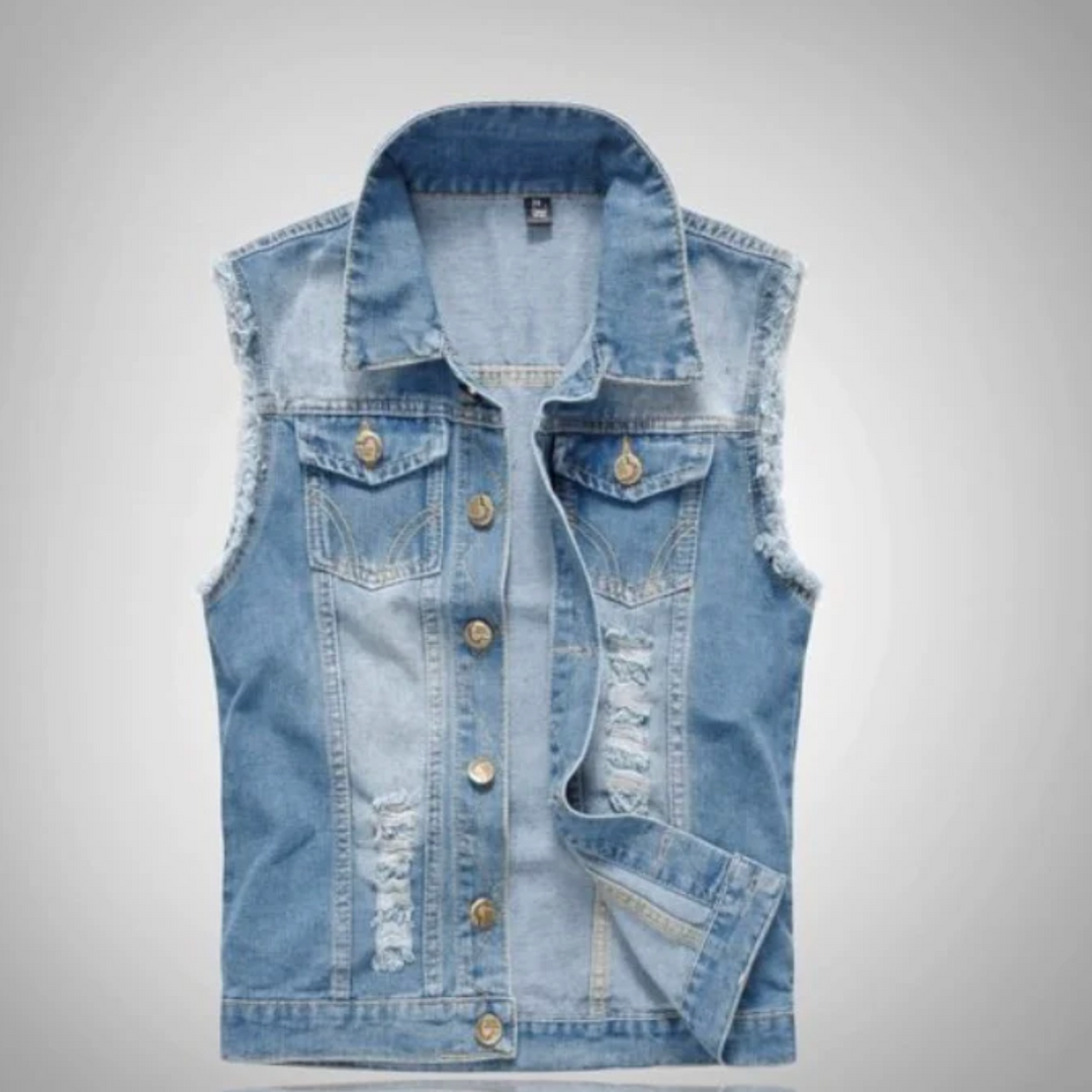 Męska kamizelka jeansowa bez rękawów – casual, denim, klasyczny krój