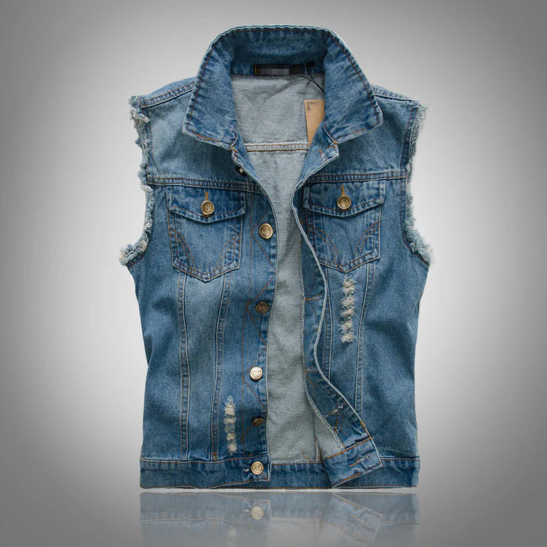 Męska kamizelka jeansowa bez rękawów – casual, denim, klasyczny krój