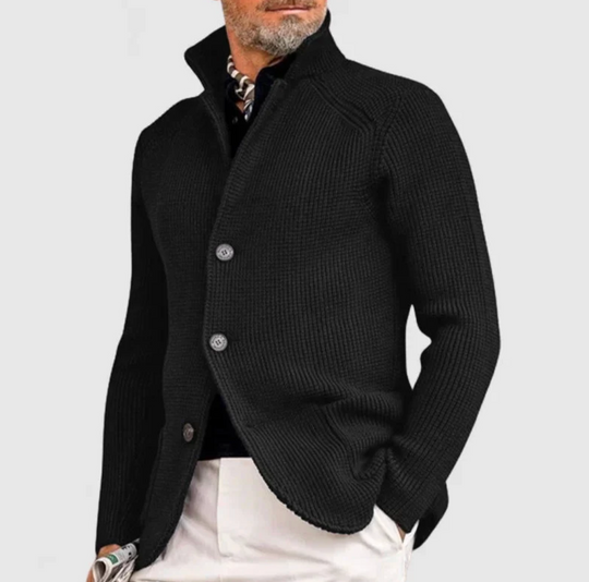 Sweter męski zapinany na guziki – elegancki kardigan z wysokim kołnierzem