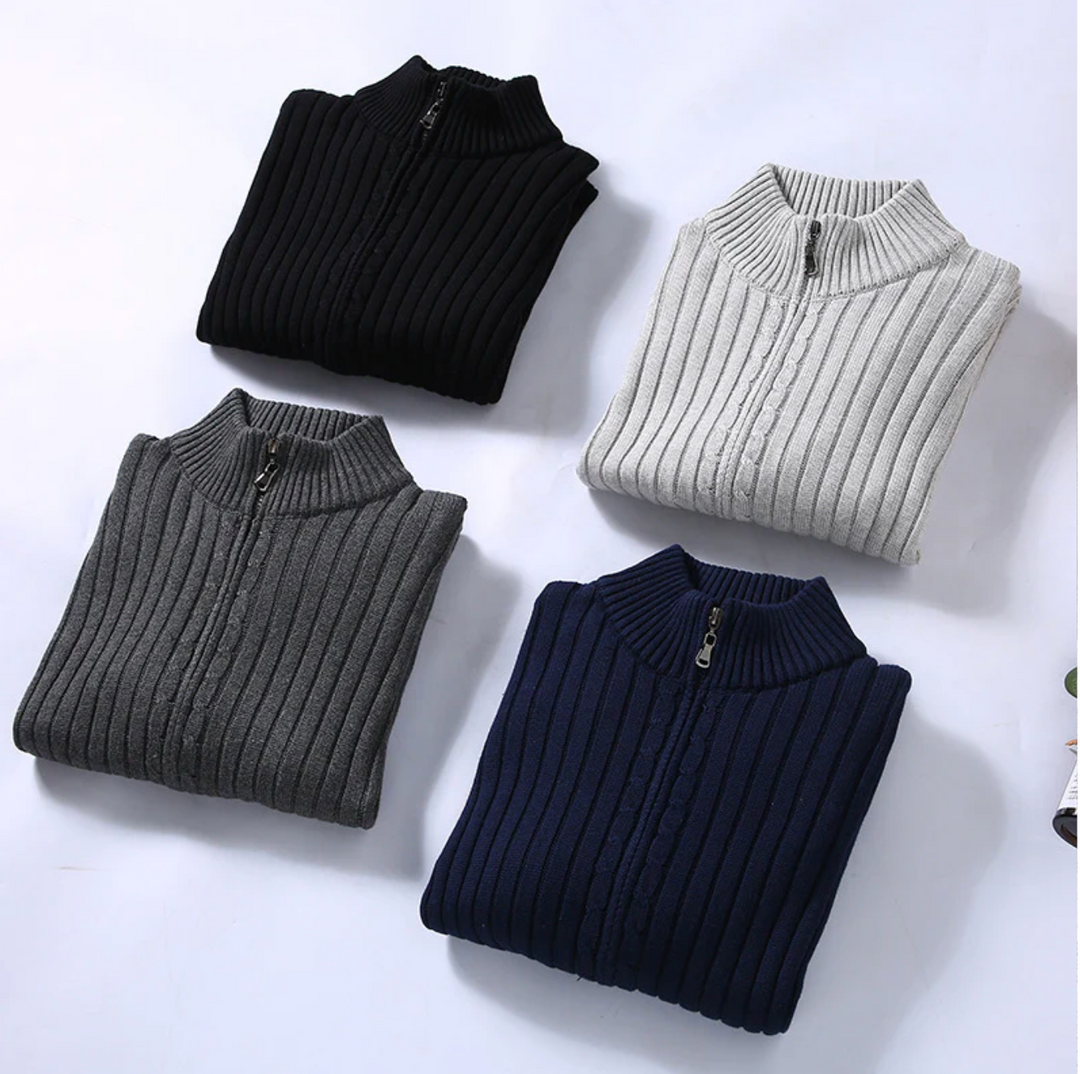 Męski sweter prążkowany z zamkiem – elegancki golf casualowy