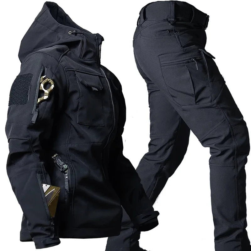Męski komplet outdoorowy softshell – kurtka z kapturem i spodnie cargo trekkingowe taktyczne