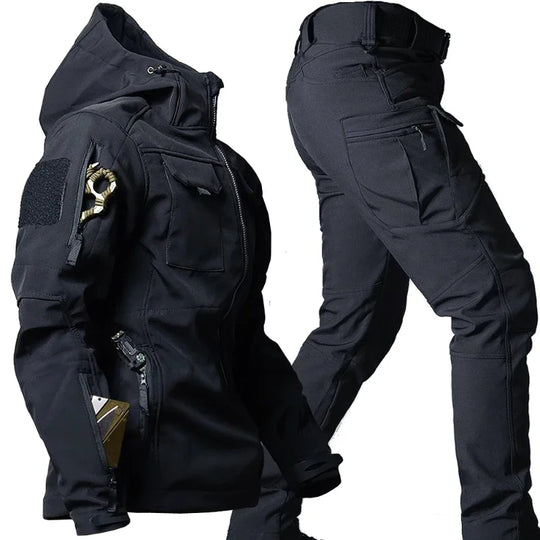 Męski komplet outdoorowy softshell – kurtka z kapturem i spodnie cargo trekkingowe taktyczne
