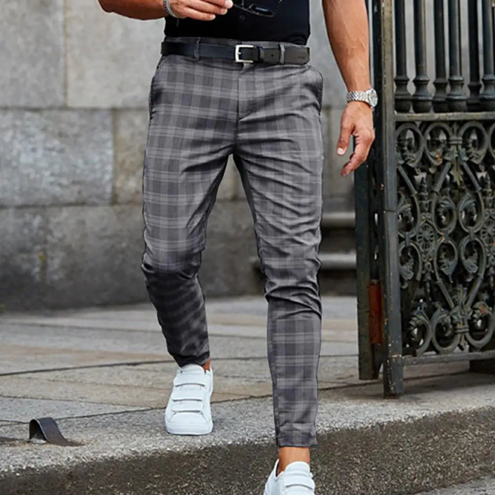 Męskie spodnie chinos slim fit – eleganckie spodnie w kratę, casualowe z bawełny