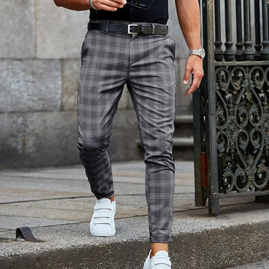 Męskie spodnie chinos slim fit – eleganckie spodnie w kratę, casualowe z bawełny