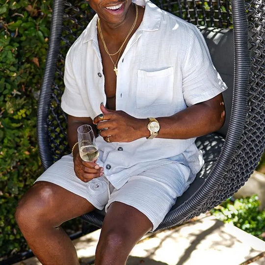 Męski letni komplet lniany – koszula z krótkim rękawem i szorty casual