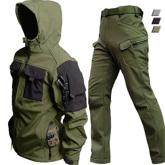 Męski komplet outdoorowy softshell – kurtka z kapturem i spodnie cargo trekkingowe taktyczne