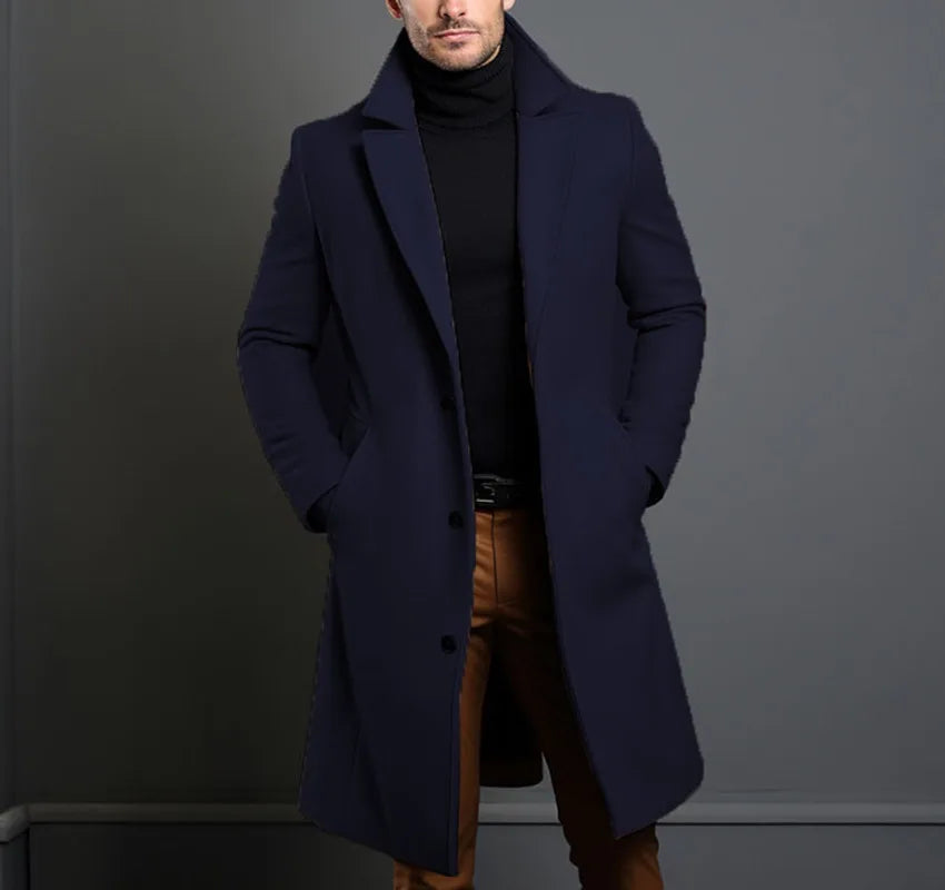 Męski płaszcz wełniany elegancki – długi płaszcz zimowy casual smart casual na guziki