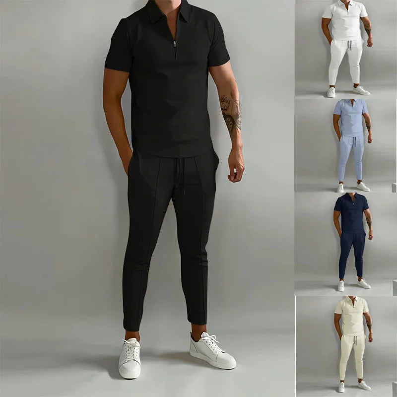 Męski komplet elegancki – koszulka polo i spodnie, nowoczesny zestaw casual premium