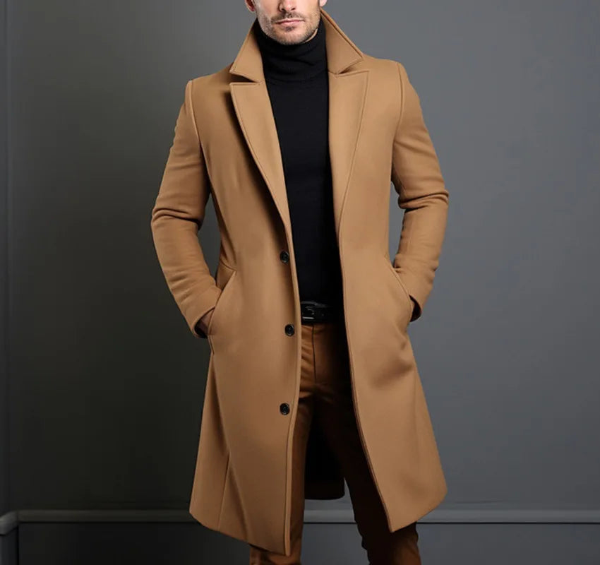 Męski płaszcz wełniany elegancki – długi płaszcz zimowy casual smart casual na guziki