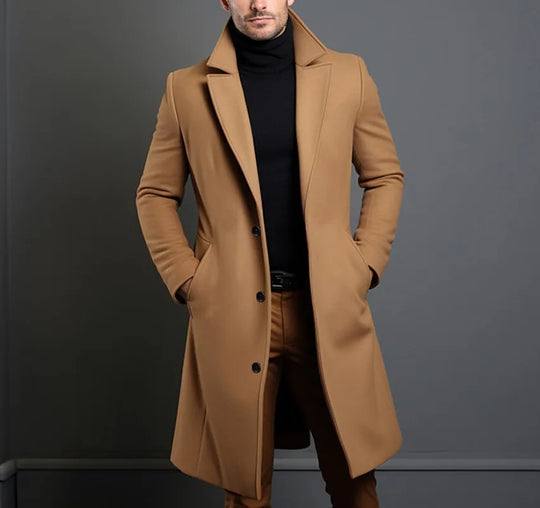 Męski płaszcz wełniany elegancki – długi płaszcz zimowy casual smart casual na guziki